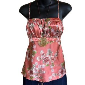 VINTAGE Self Esteem Y2K Floral Satin Cami Pink Rose Print Adjustable Straps